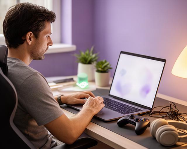 A player reviewing privacy settings on a laptop at a tidy home gaming desk
