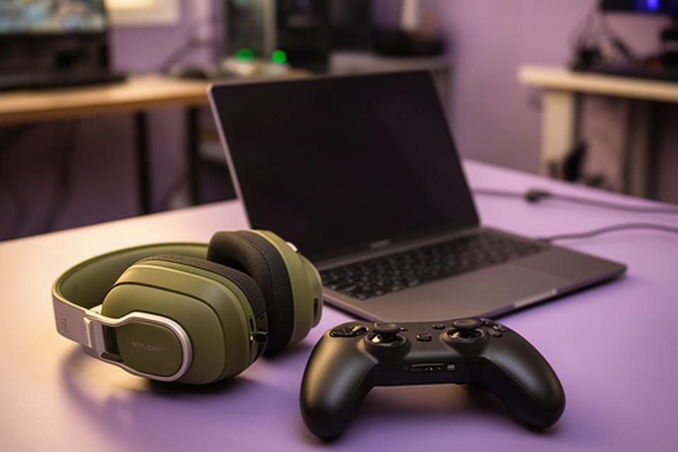 Gaming headset beside a controller and open laptop on a softly lit desk in a Pleasanton game studio